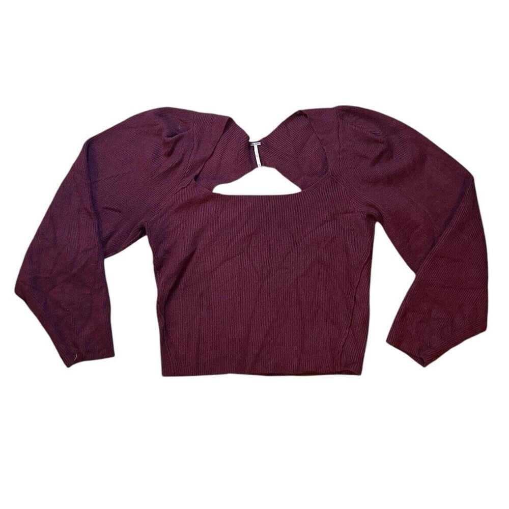 Free People Saffron Open Back Sweater Rib Knit Pleated sleeve Sz XL Maroon